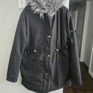 Women's Black Parka with Faux Fur Trim